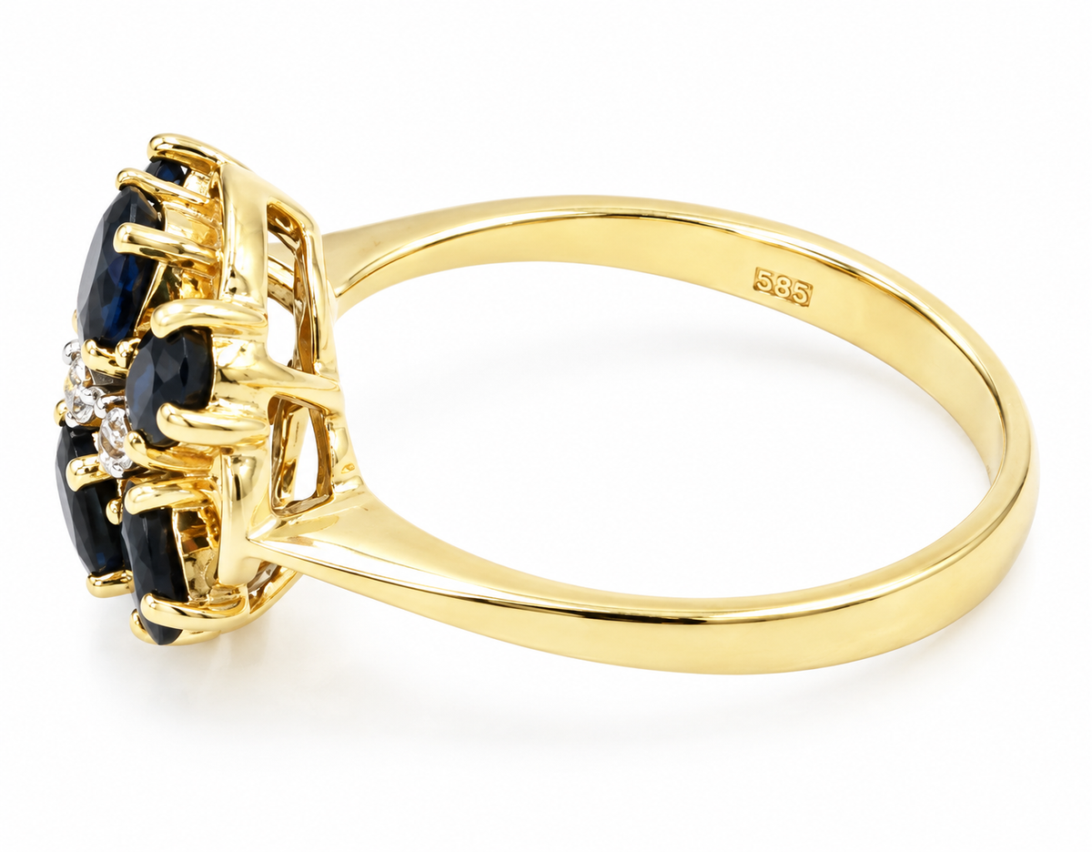 Kent Island Jewelry Estate 14k Yellow Gold Diamond & Sapphire Gemstone Ring with a cluster of sapphires and 585 hallmark.