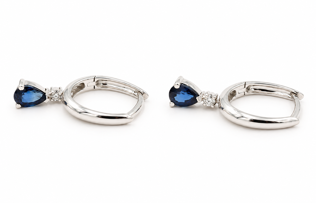 Kent Island Jewelry Estate 14k White Gold Diamond & Sapphire Gemstone Hoops featuring pear-shaped sapphire and diamond drops.