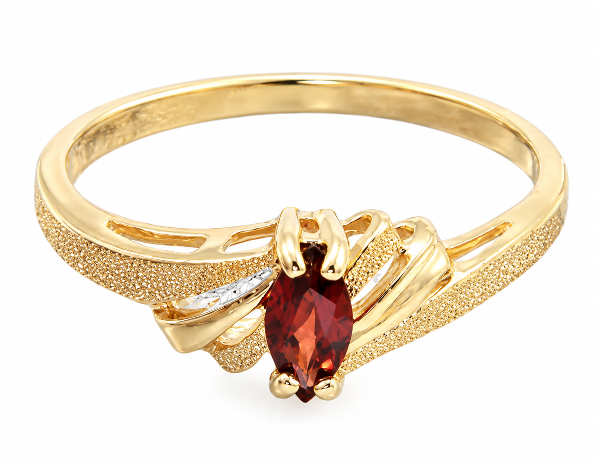 Estate 10k YG Garnet Shimmer Open Work Ring by Kent Island Jewelry, featuring a marquise garnet and ornate gold details.