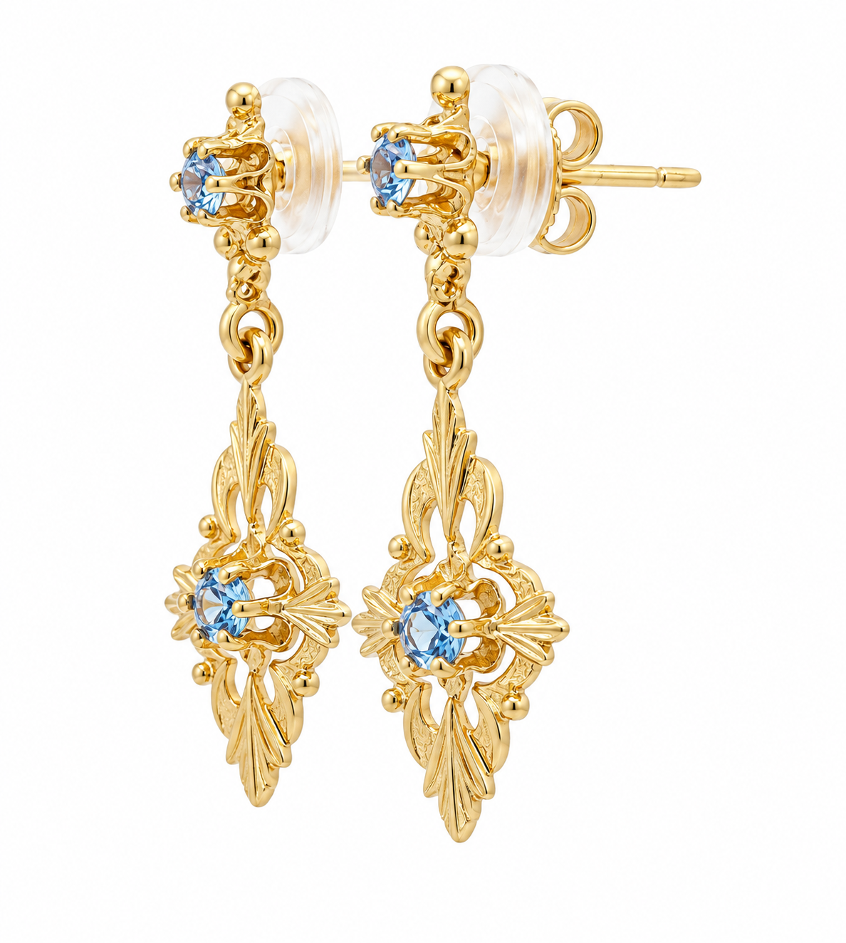 Kent Island Jewelry Estate 14K YG Aquamarine Tour Dangle Earrings with leaf design and blue gemstone accents.