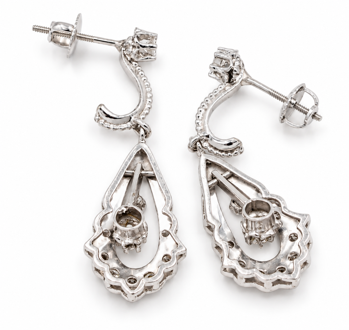 Estate 14k White Gold Diamond J Hoop & Dangle/Drop Earrings with diamond-accented teardrops and screw-back posts.