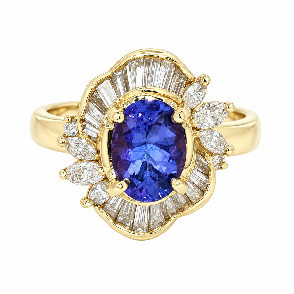 Yellow Gold tanzanite and diamond ring