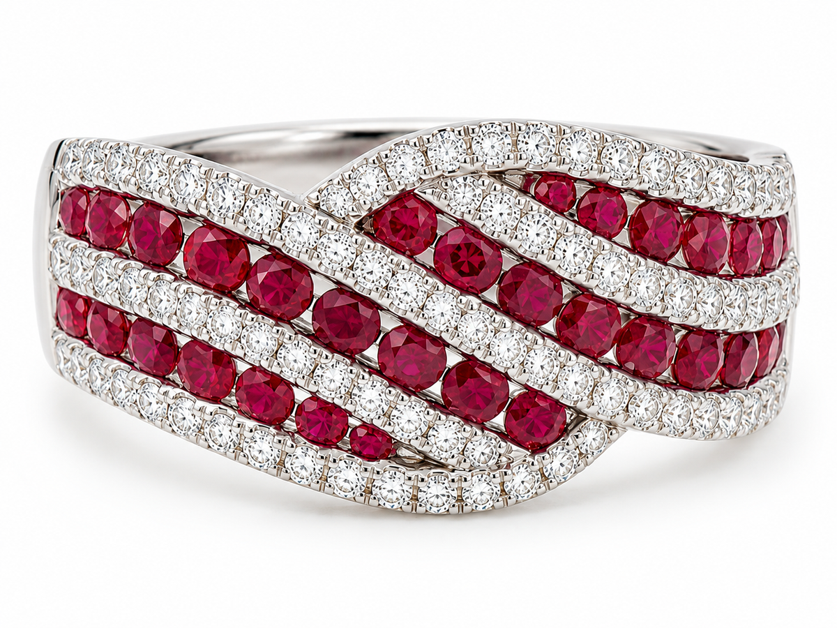 Roman & Jules 14K White Gold Band Ring with multi rows of rubies and diamonds in a wide band design.