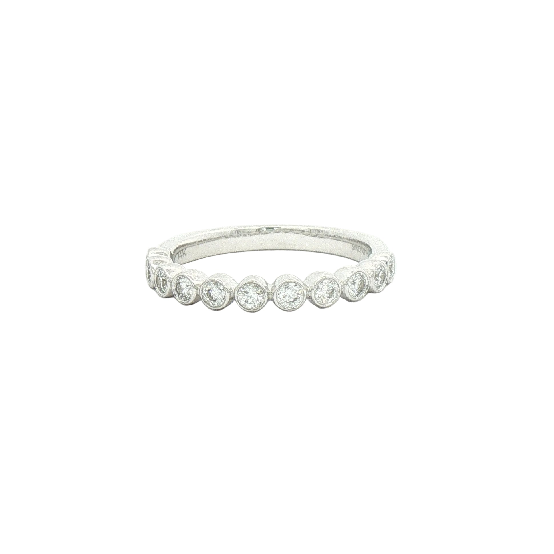 White gold round bezel set lab-grown diamond band.