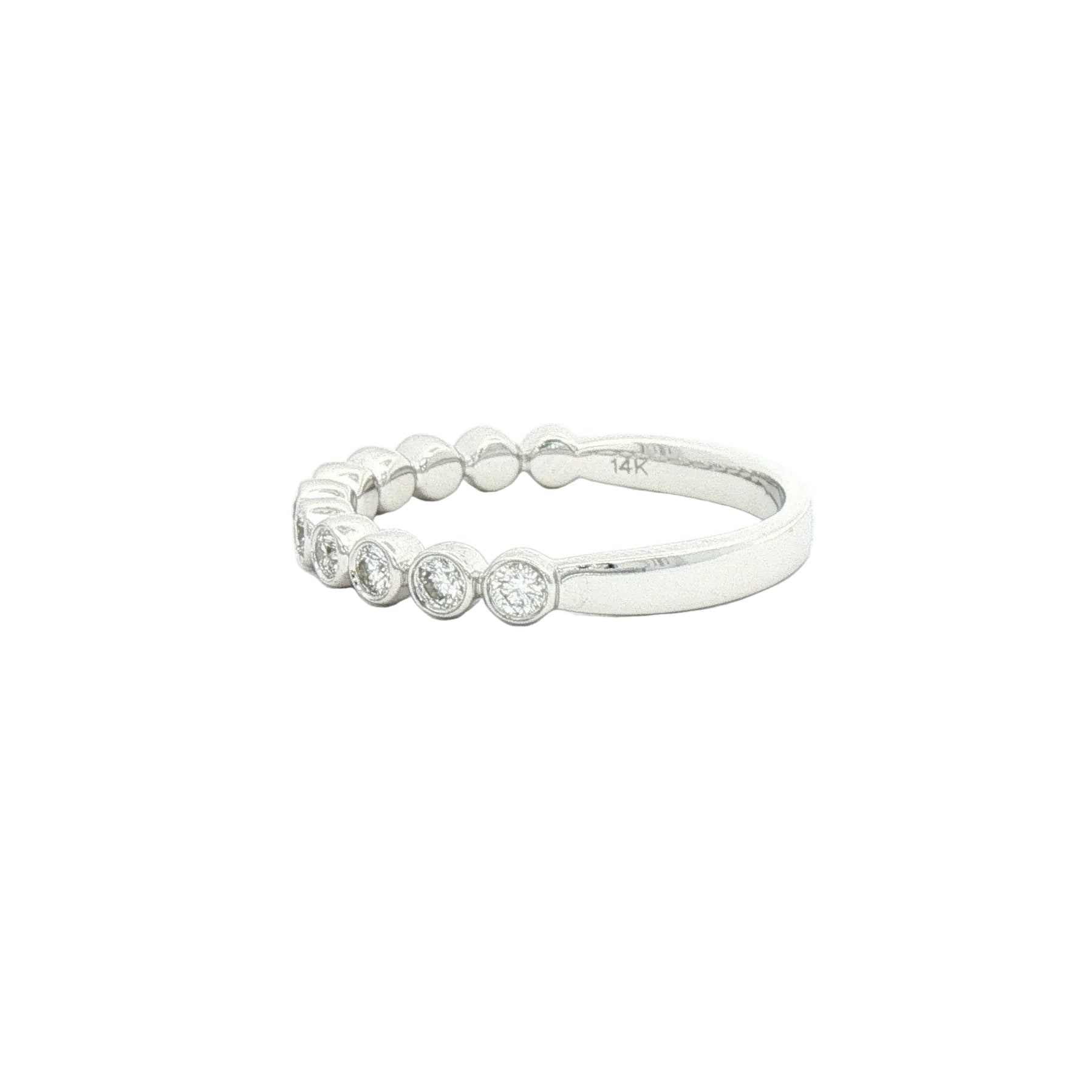 White gold round bezel set lab-grown diamond band.