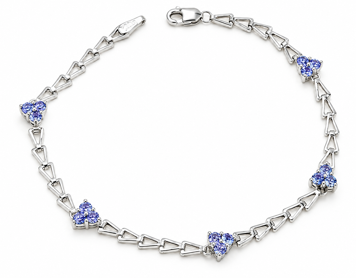 Estate 10k White Gold Tanzanite Gemstone Chain Link Bracelet with five clusters of three purple tanzanite gemstones.