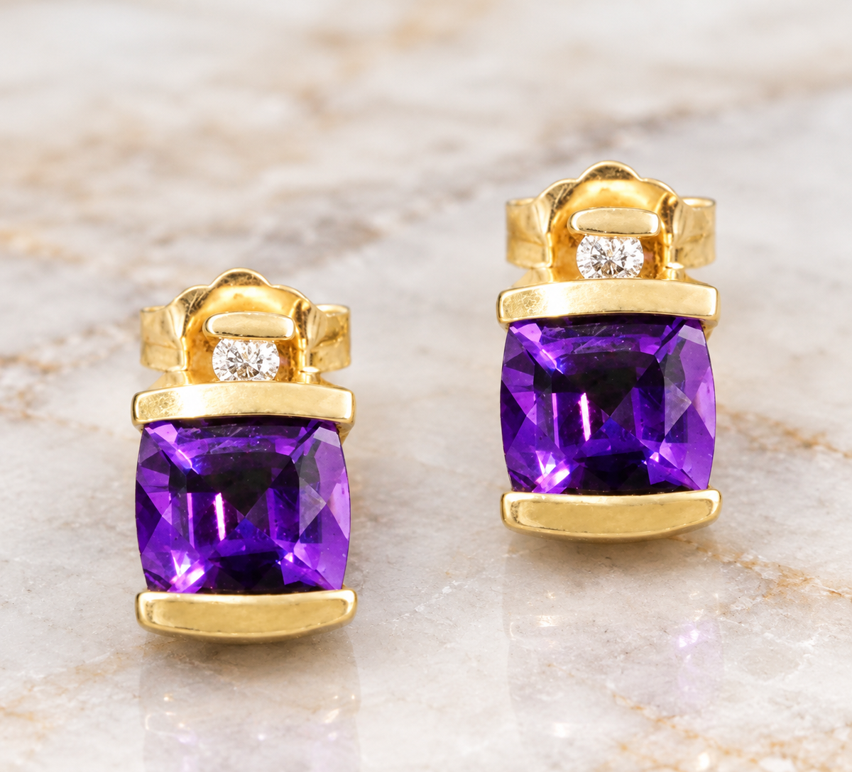 Kent Island Jewelry Estate 14K Yellow Gold Diamond & Amethyst Gemstone stud earrings with a square purple amethyst.