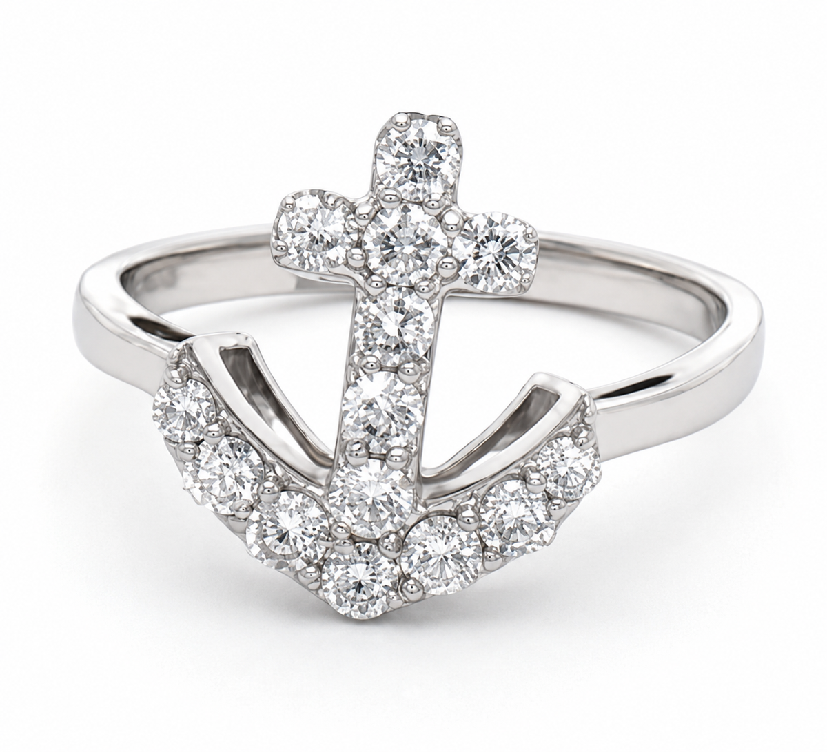 Heera Moti 14K White Gold Diamond Anchor Ring: Nautical style with sparkling diamonds on a sleek white gold band.