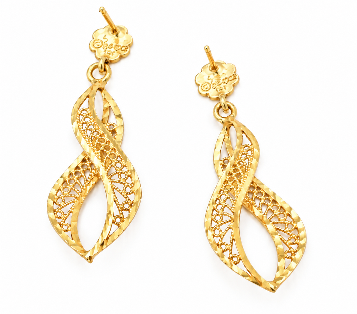 Estate 14k Yellow Gold Open Work Flower Dangle/Drop Earrings in a twisted infinity design with a floral post.