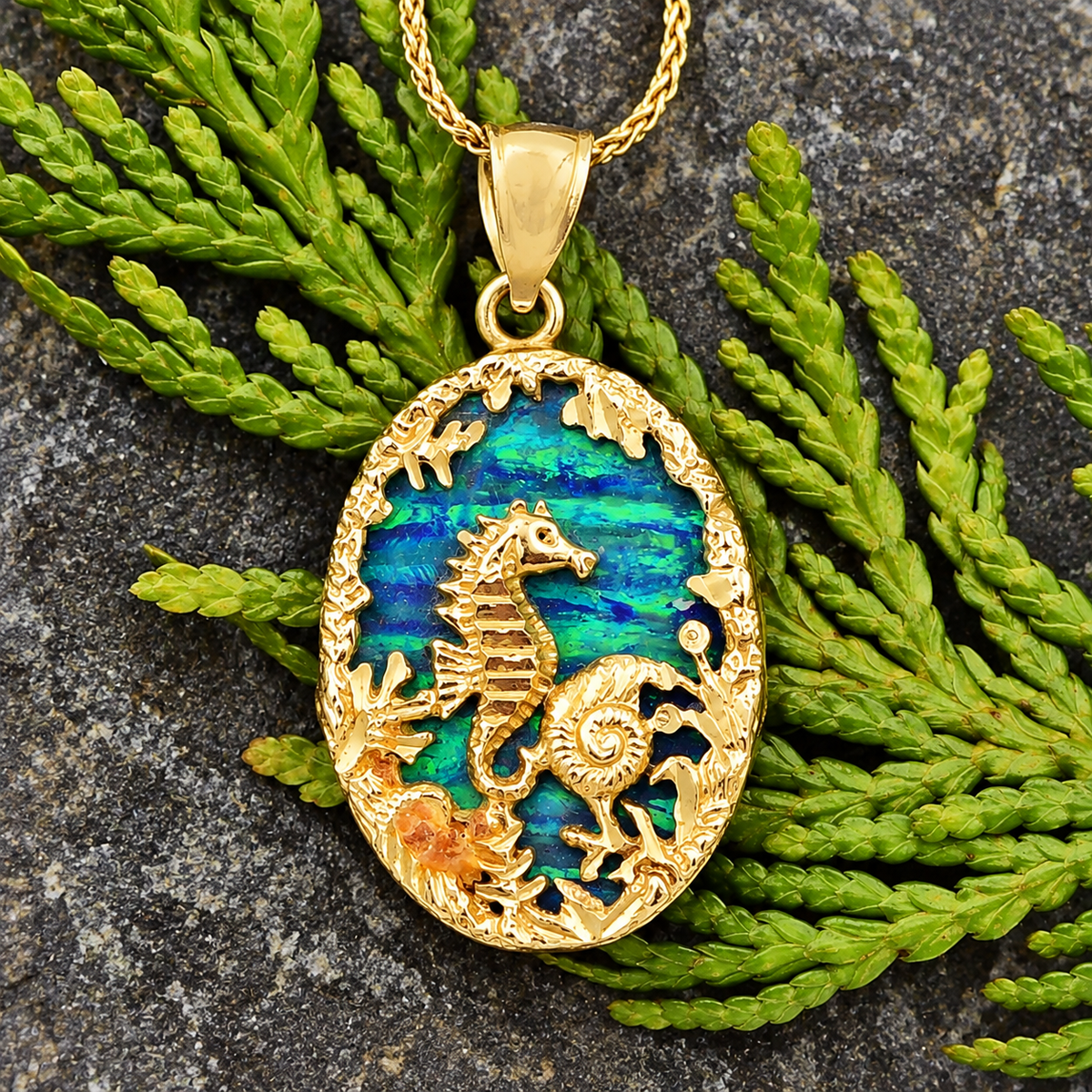 Estate 14k Yellow Gold Opal Gemstone Seahorse Nautical Wheat Chain Necklace with iridescent blue-green inlay.