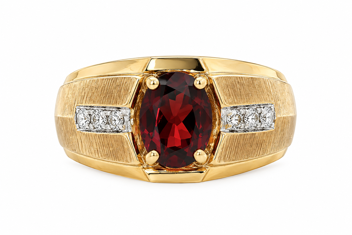 Estate 14K yellow gold Mozambique garnet & diamond textured ring by Kent Island Jewelry.