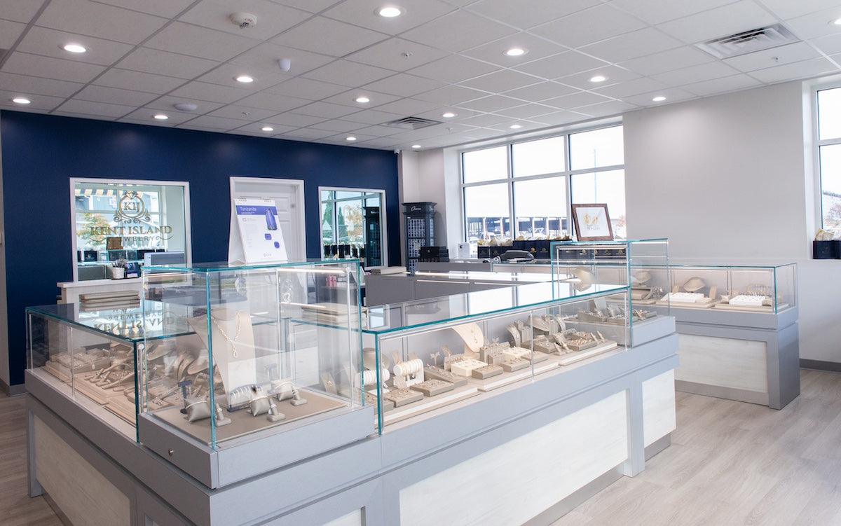 Interior of Kent Island Jewelry, with bright, open floorplan and multiple display cases of Jewelry