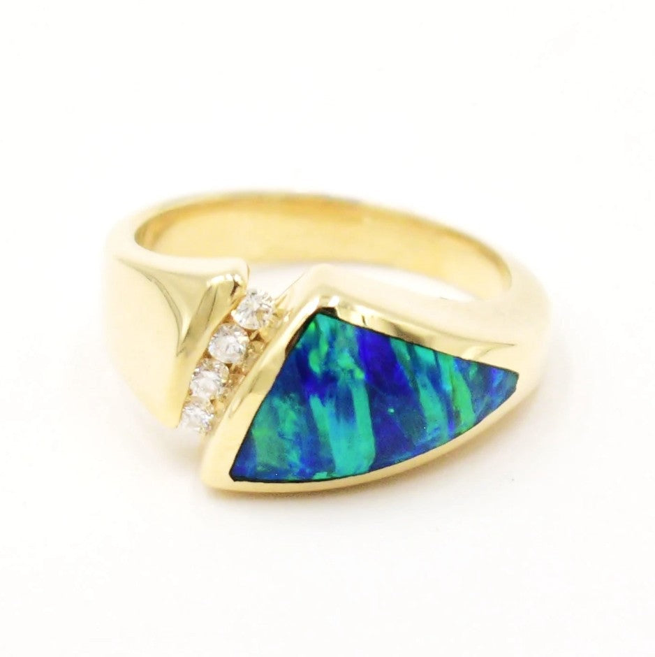 Kent Island Jewelry Estate 14k yellow gold ring with .08ctw diamonds and opal inlay.
