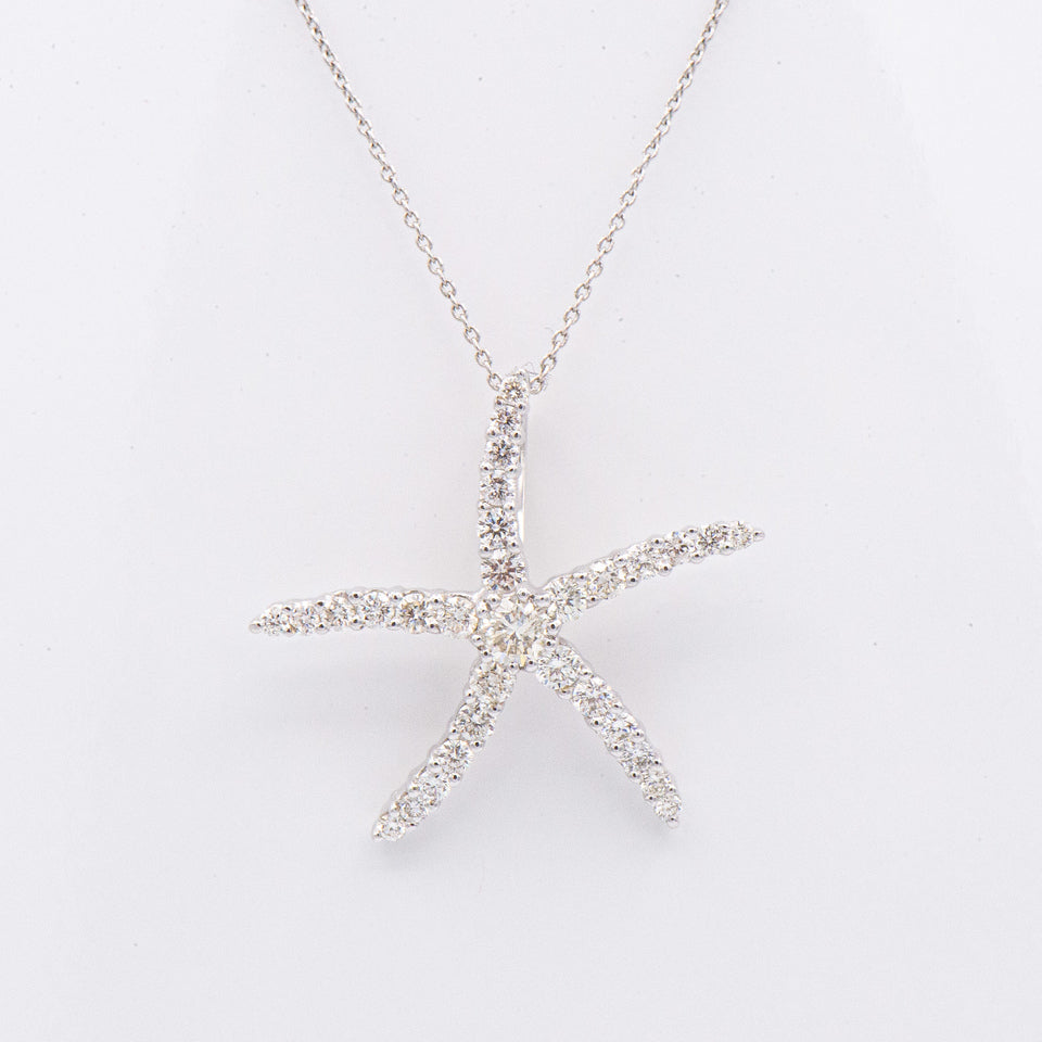 Heera Moti 14k. Diamond Starfish Necklace for nautical jewelry lovers, shown on a white background.