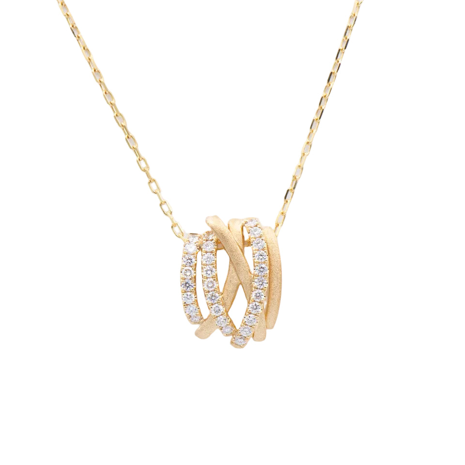Afrin 18k. Brushed Gold Freeform Diamond Necklace features interlocking rings and a delicate diamond-accented chain.