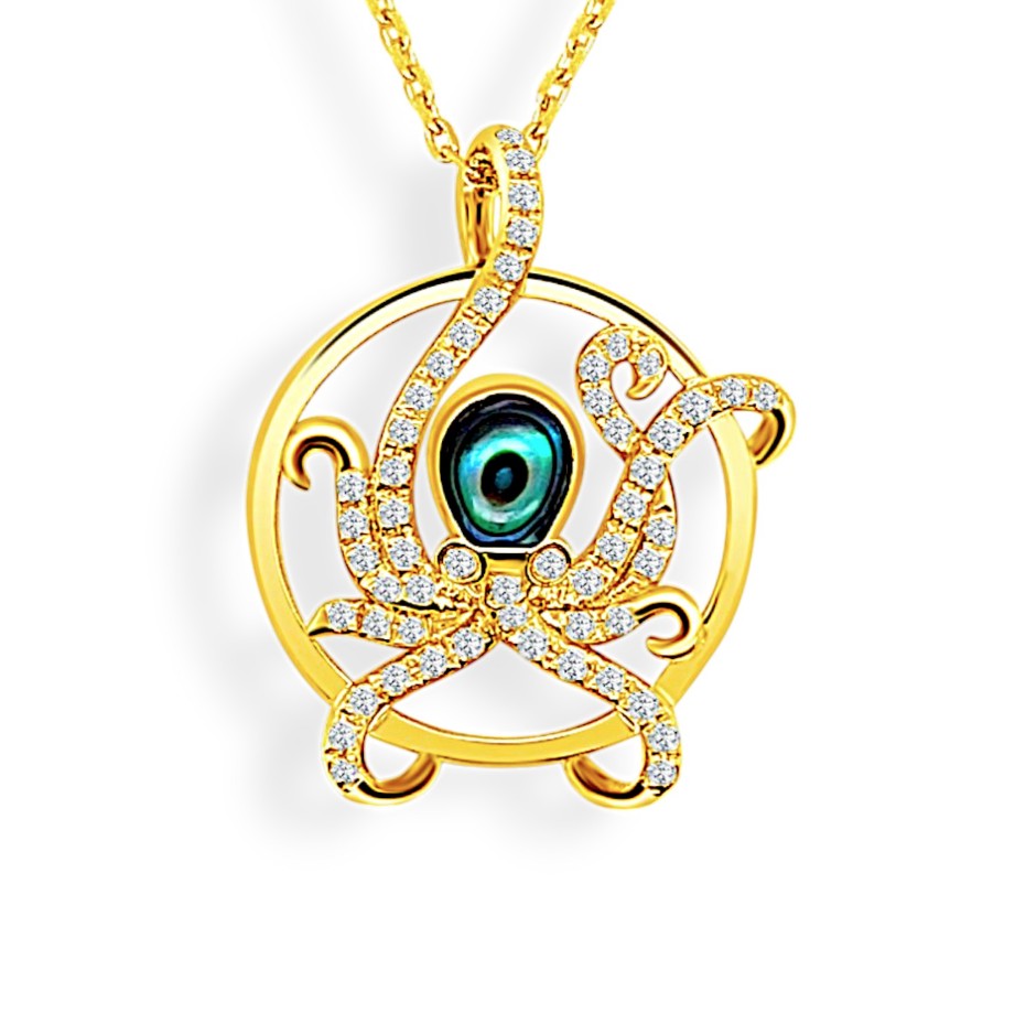 Gold necklace with octopus pendant on a white background