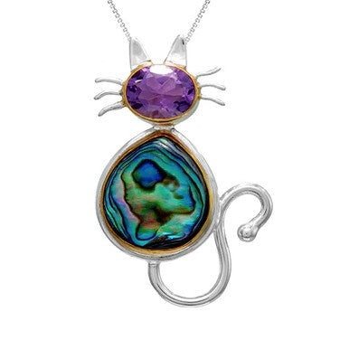 Michou SS Cat Pendant features African Amethyst and Paua shell on a silver chain.