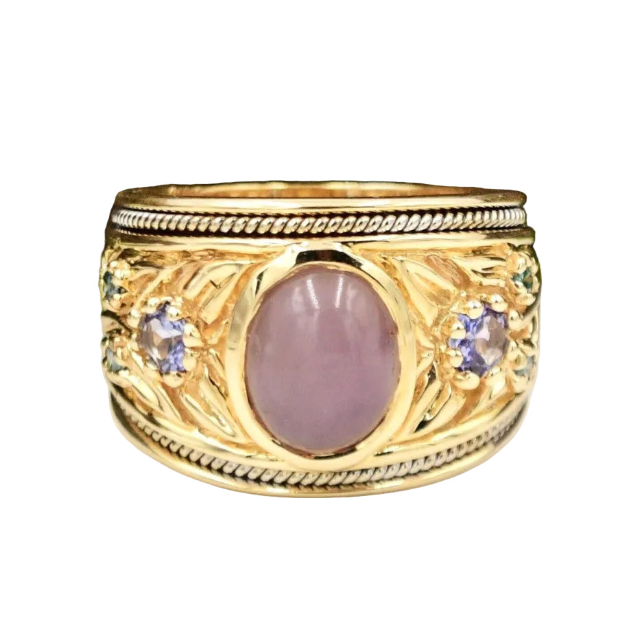 Estate 14k yellow gold ring with oval lavender chalcedony, blue diamond (.04tcw), and tanzanite by Kent Island Jewelry.