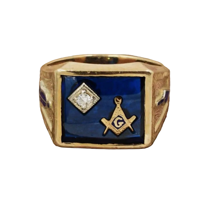 Kent Island Jewelry Estate 10k YG Masonic Ring, .03ctw diamond, blue spinel, Size 9.