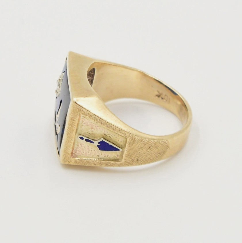 Kent Island Jewelry Estate 10k YG Diamond & Blue Spinel Masonic Ring, Size 9, shown on white background.
