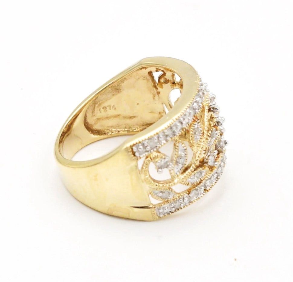 Estate 10k two-tone diamond (.26 ctw) open work ring by Kent Island Jewelry, shown on a white background.