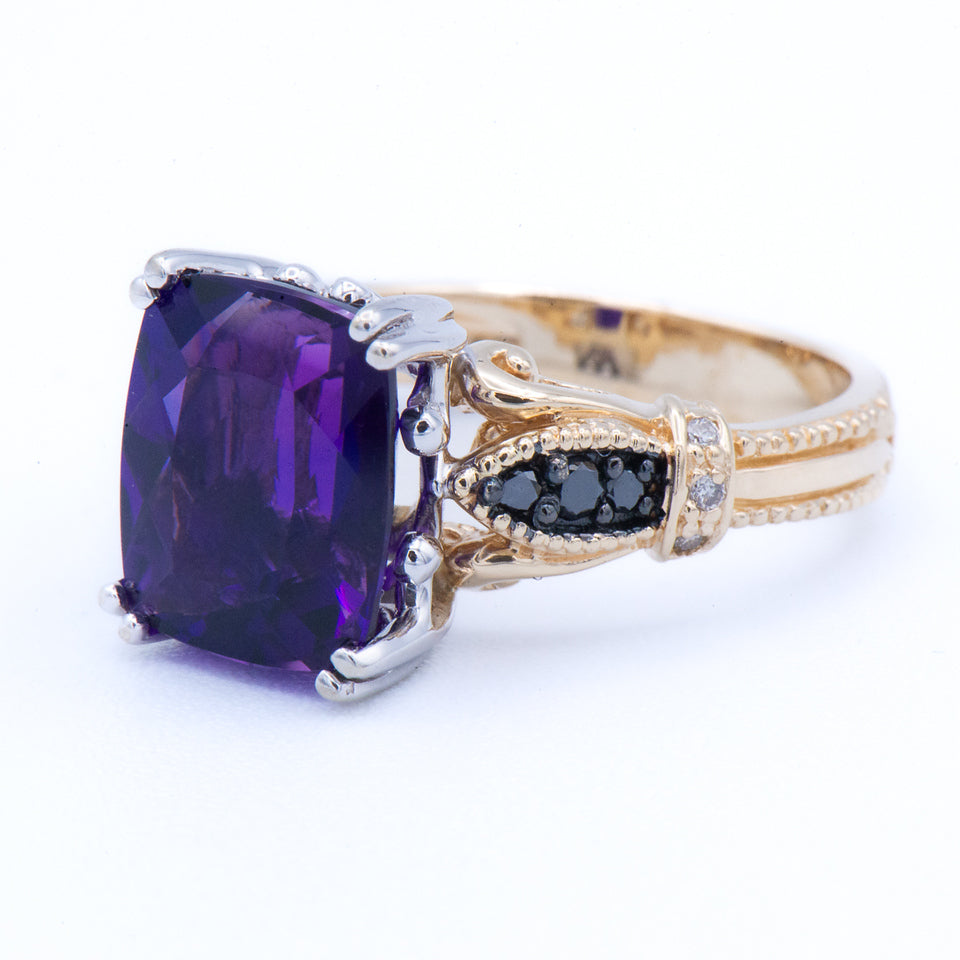 Estate 14K Two-Tone Amethyst & Sapphire Ring by Kent Island Jewelry with ornate band and square purple gemstone.