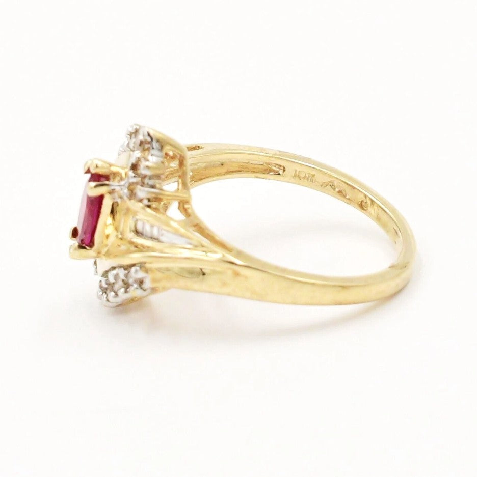 Kent Island Jewelry Estate 10k YG ring with .09ctw diamonds & ruby in a decorative crown setting.
