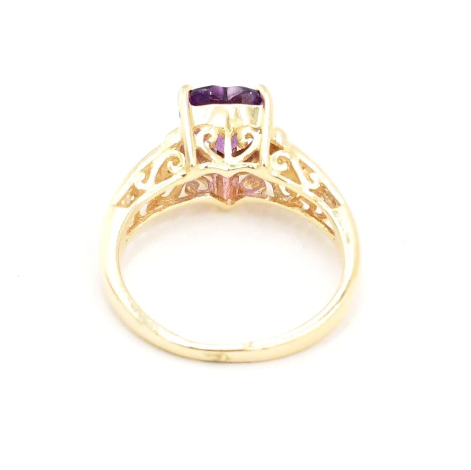 Kent Island Jewelry Estate 10k YG Diamond & Amethyst Heart Ring, ornate filigree, shown from the back.