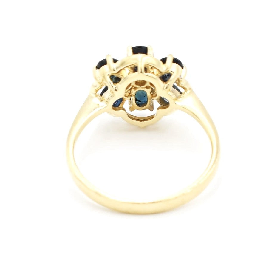Kent Island Jewelry Estate 14K Yellow Gold Sapphire & Diamond Cluster Ring with blue sapphires, shown from underside.