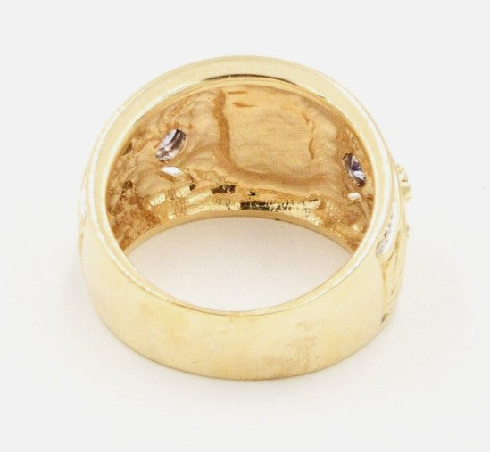 Estate 14k yellow gold ring with lavender chalcedony, blue diamond (0.04tcw), and tanzanite by Kent Island Jewelry.