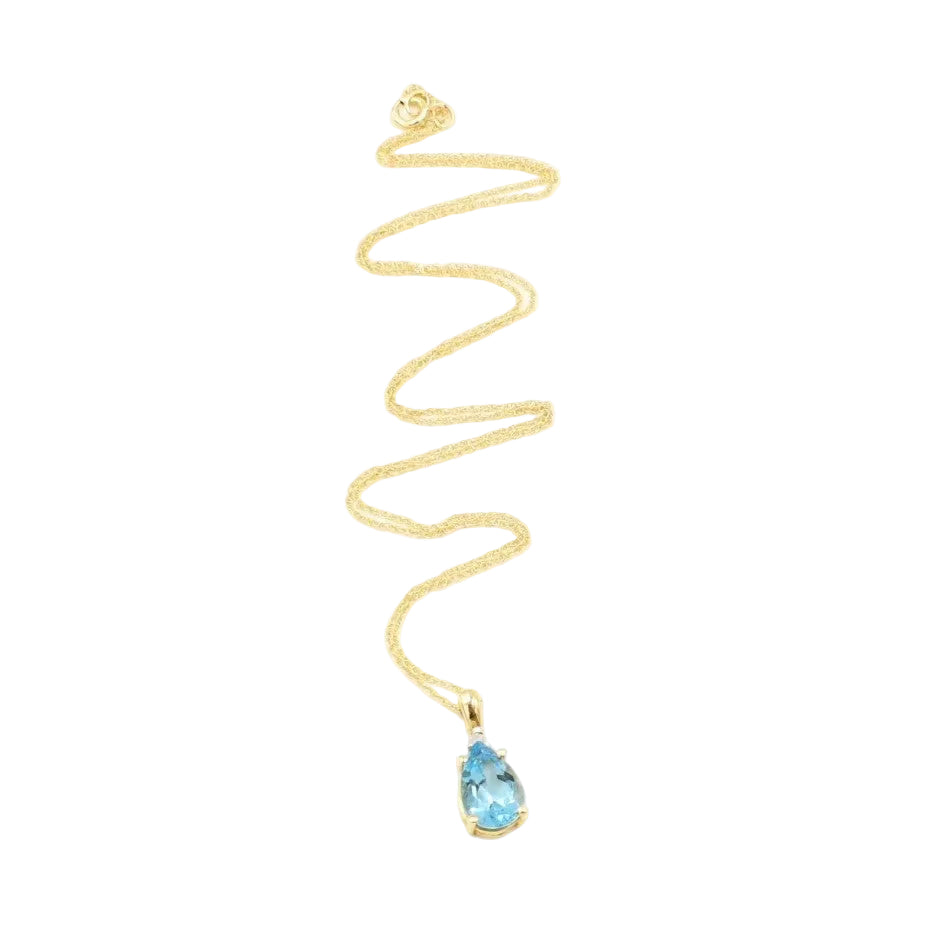 Kent Island Jewelry Estate 10K yellow gold necklace with blue topaz & white sapphire pendant on white background.