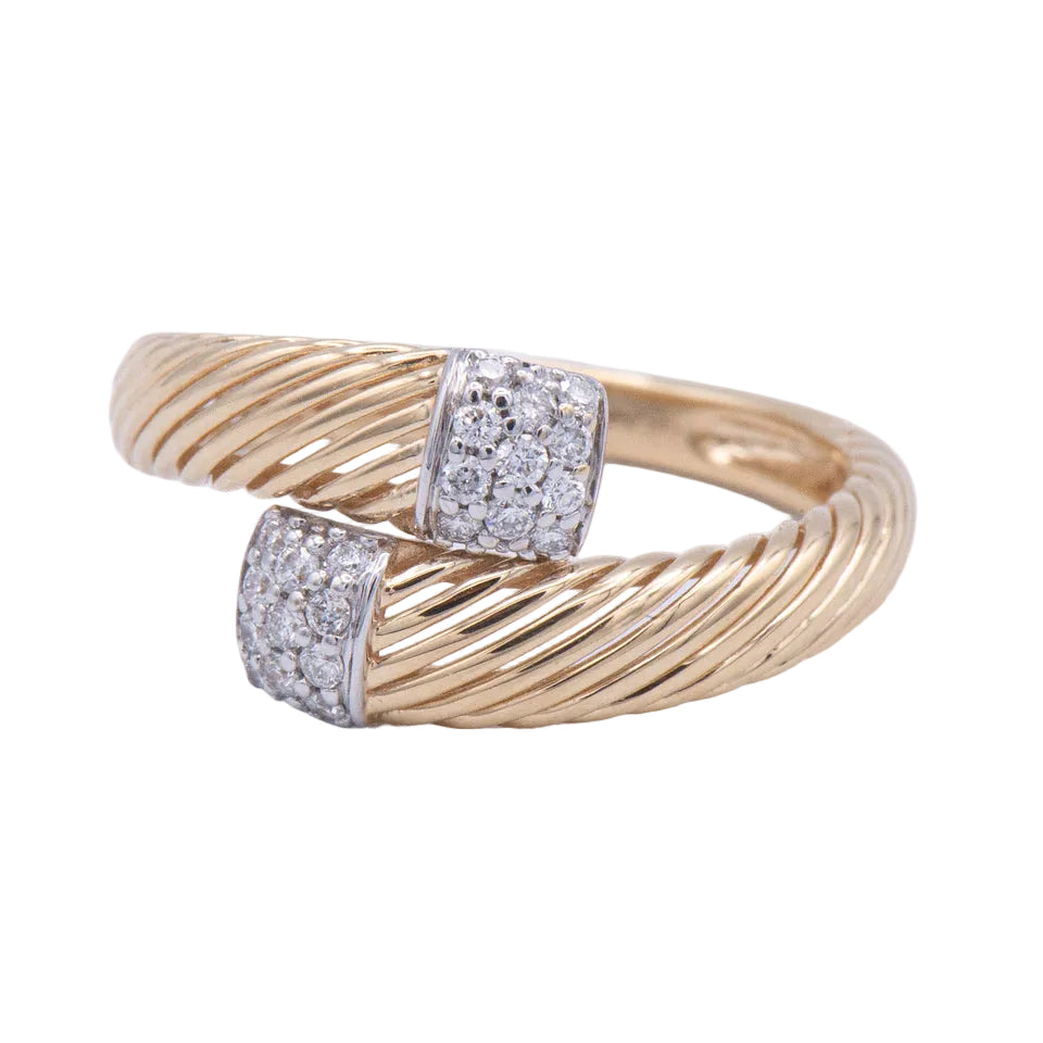 Kent Island Jewelry 14k Diamond Bypass Ring: pavé diamond squares, twisted design, set in white gold.