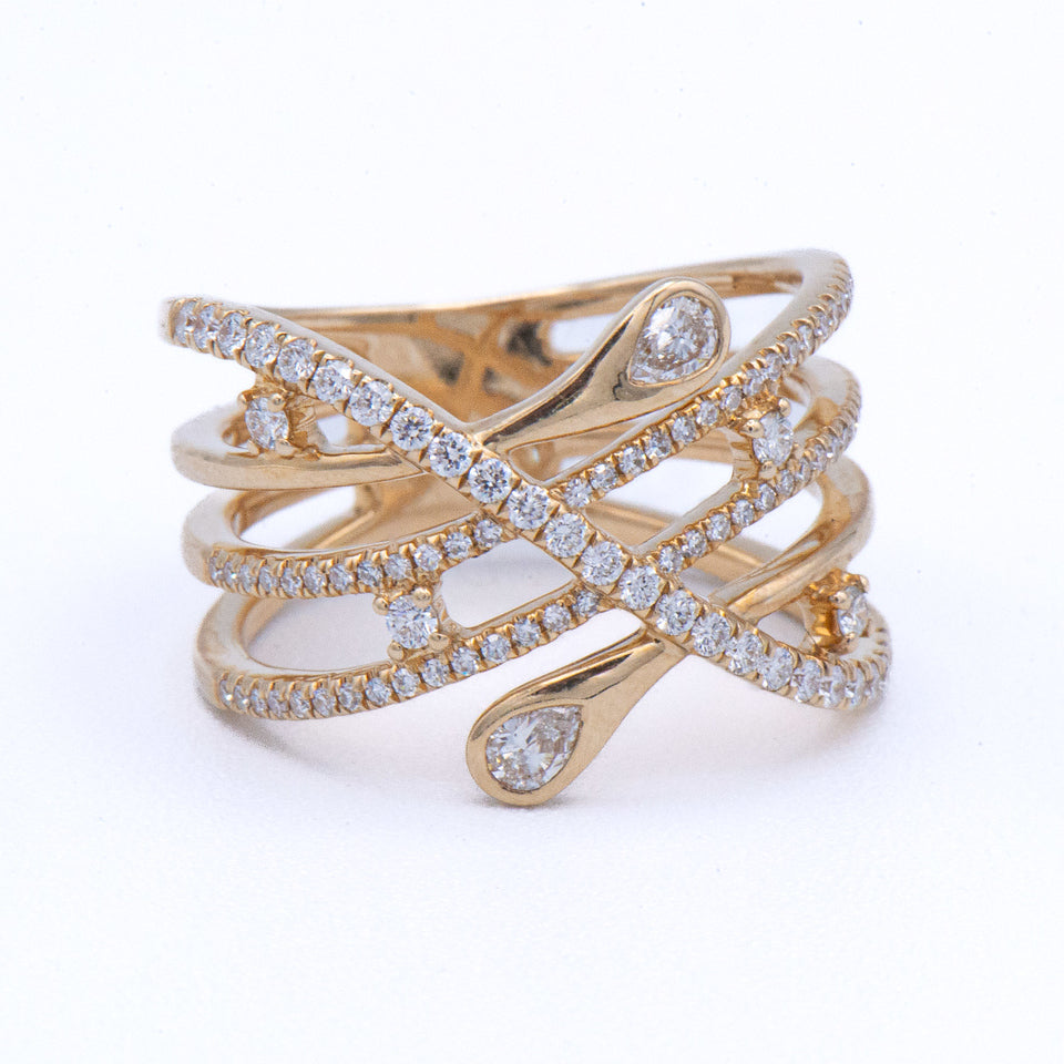 Roman & Jules 14k Multi-Row Solitaire Crossover Diamond Ring—resizeable, perfect for custom jewelry lovers.