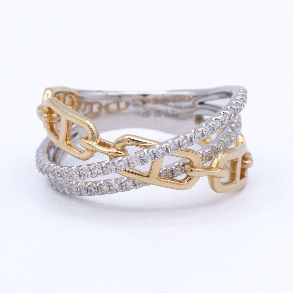 Heera Moti 14k Crossover Diamond Ring with gold chain links and a silver, diamond-accented band.