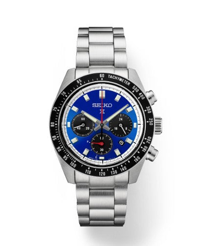 Seiko Prospex Speedtimer SS Solar Chronograph with a blue dial, black bezel, and three subdials.