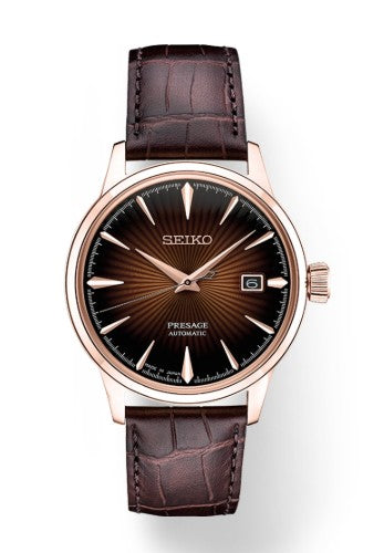 Seiko Presage Cocktail Time SS PGP Automatic men's watch with burgundy dial and date on a brown leather strap.