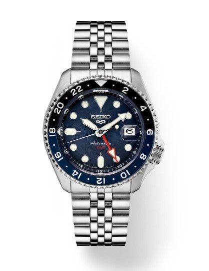 The Seiko 5 Sports SS Automatic GMT features a blue dial, date window, rotating bezel, and stainless steel bracelet.