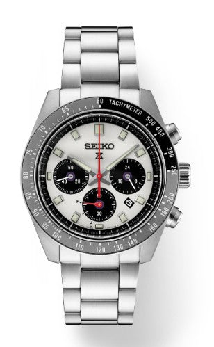 Seiko Prospex Speedtimer Solar Chronograph with silver dial, three subdials, and tachymeter bezel in stainless steel.