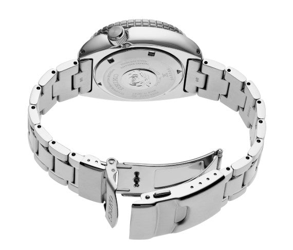 Seiko Prosepex Diver SS Automatic Blue Dial PADI SE watch with engraved case back and open metal link band.