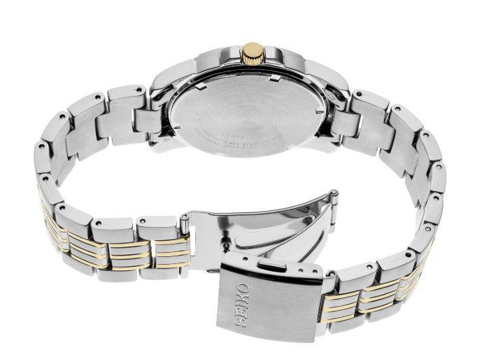 Seiko Essentials SS TT Quartz Gray Dial Watch shown from the back with an open clasp.