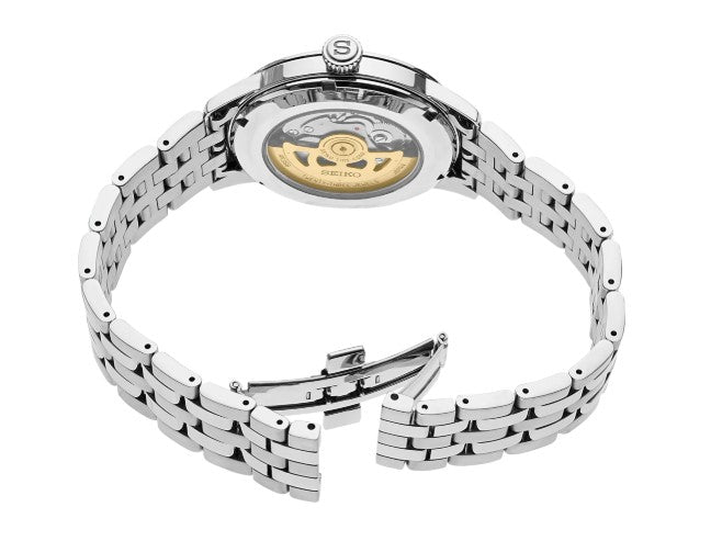 Seiko Presage Cocktail Time SS Automatic watch with a silver dial and stainless steel band.