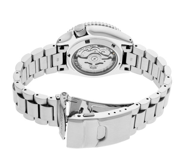 Seiko 5 Sports SS Automatic Black Dial Watch with open clasp showing the transparent back and visible movement.