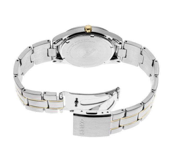 Essentials SS TT Quartz Black Dial Watch by Seiko, shown from the back with stainless steel and gold-tone accents.