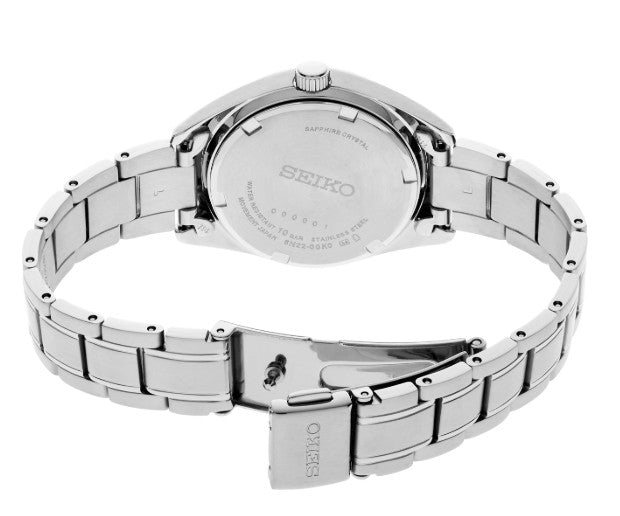 Back view of the Seiko Essentials SS Quartz Blue Dial watch with metal band, sapphire crystal, and engraved caseback.