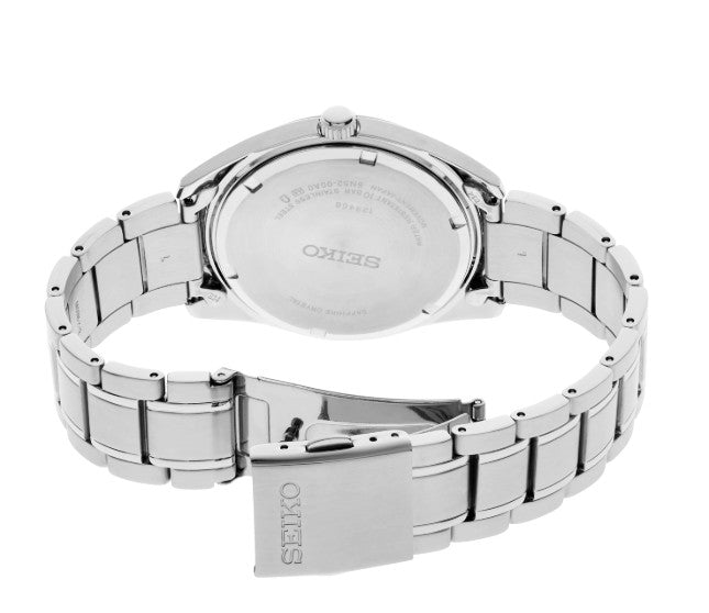 Seiko Essentials SS Quartz Green Dial Watch shown from the back with open metal bracelet and visible clasp.