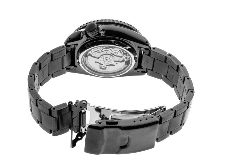The Seiko 5 Sports SS Black Ct Automatic watch features a black dial and a transparent back showing its mechanics.
