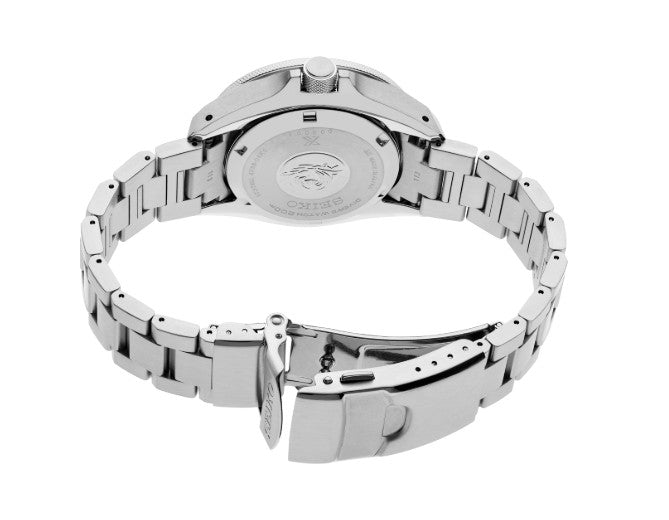 The Seiko Prospex Diver SS Automatic features a blue dial and an engraved case back with an open clasp.