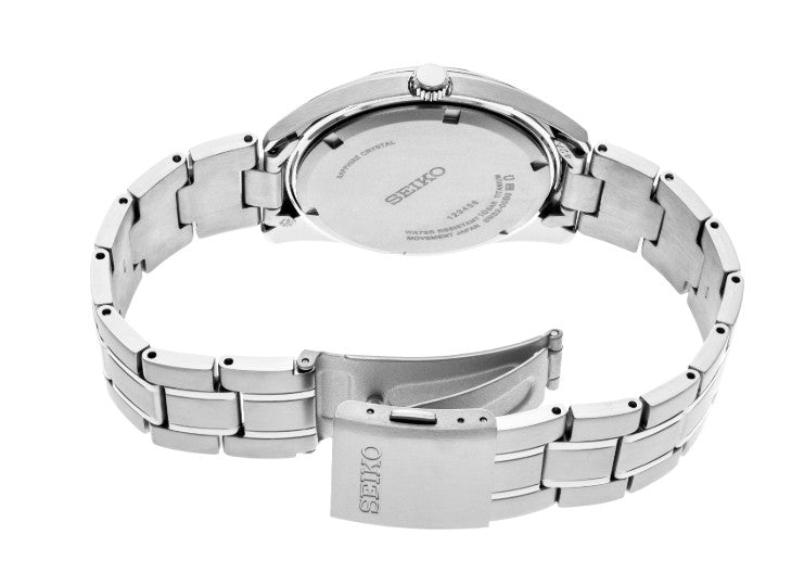 Back view of Seiko Essentials TI Quartz Blue Dial Watch with open link bracelet, clasp, and scratch-resistant finish.