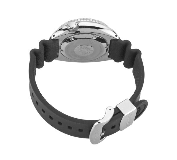 Back of Seiko Prospex Diver SS Automatic Black Dial Watch with black rubber strap and 200m water resistance.
