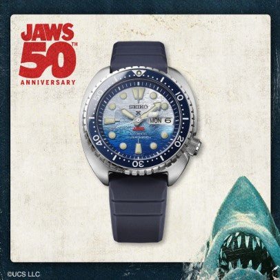 Seiko Automatic Prospex JAWS 50th Anniversary Limited Edition watch with blue ocean dial and shark detail.